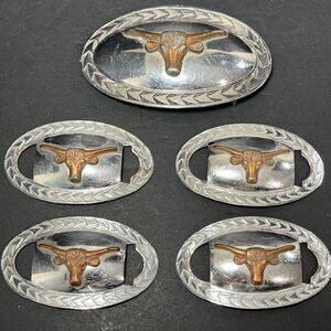 Vtg Longhorn Belt Buckle With 4 Matching Decorative Medallions Alloy Cowgirl